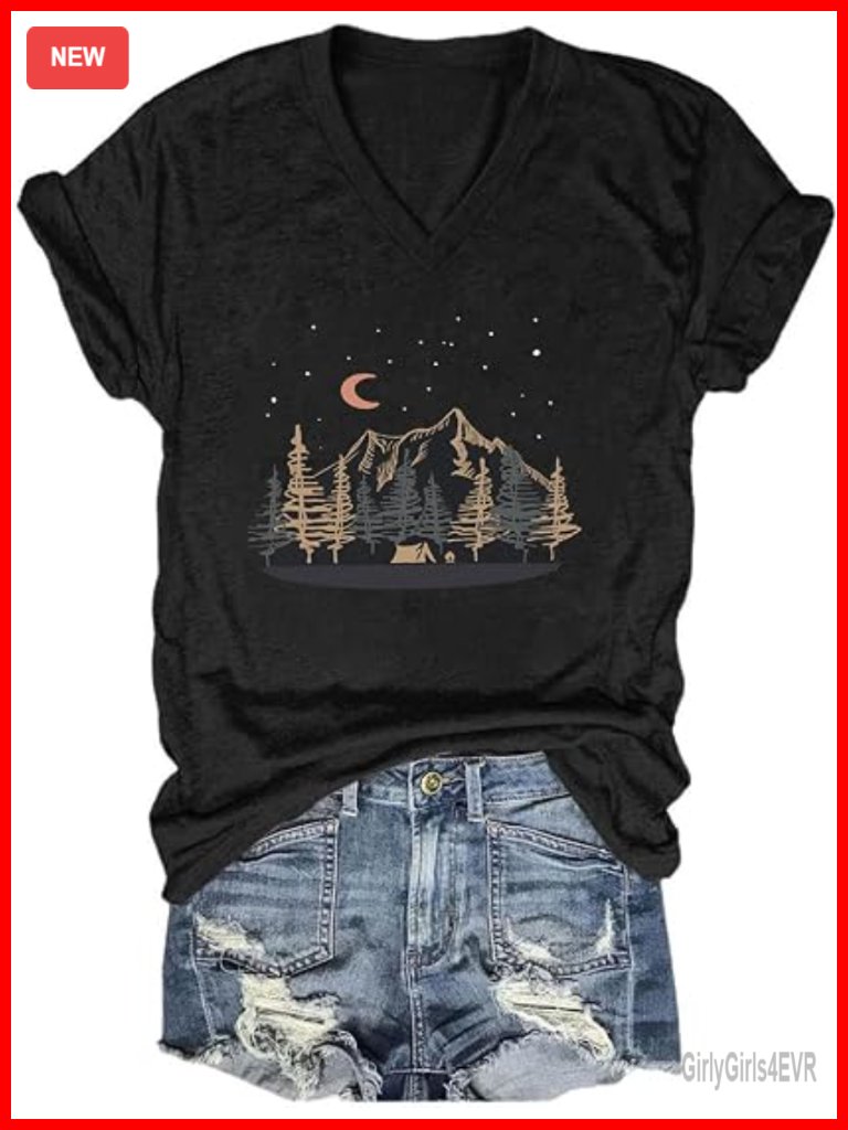 Women's Boho Wildflowers Tee V-Neck Loose Fit Cotton-Poly Summer Short Sleeve